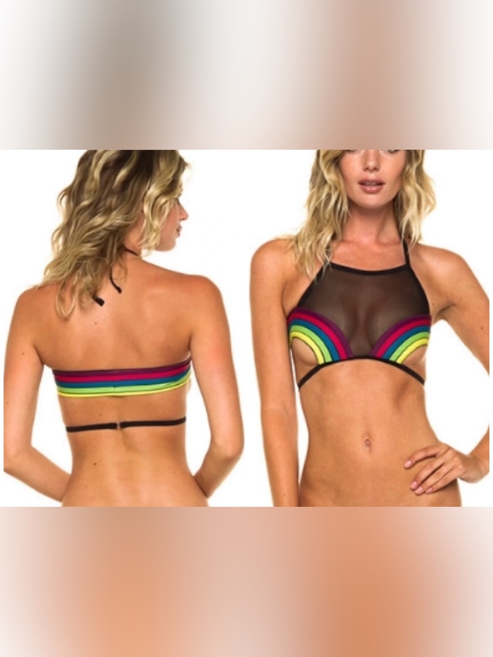 New! Pacific & Driftwood Rainbow Mesh Halter Cutout Bikini Top 🖤🌈 XS NWT!